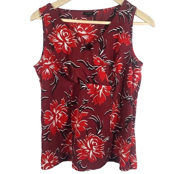 M TALBOTS Burgundy Red Floral Sleeveless Top Blouse Women Size 6 Side Zip V Neck - Picture 1 of 10
